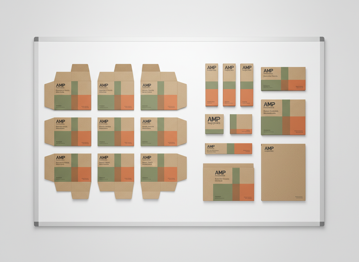 A precise overhead composition of an AMP Supplies packaging layout review on a large white presentation board. Flat, unfolded packaging templates for pencils, markers, and sketchbooks are arranged in a clean grid, each showing crisp logos, neutral color blocks, and clear typography. To the side, matching assembled boxes and sleeves are aligned for comparison, creating a visual rhythm of rectangles and lines. Neutral studio lighting from above ensures even illumination with almost shadowless clarity, emphasizing print quality and structural details. Photographic realism, perfectly centered top-down view with sharp focus and a strong sense of order. The mood is methodical, corporate, and quality-focused, ideal for communicating brand consistency and professional packaging design within the AMP Supplies product line.