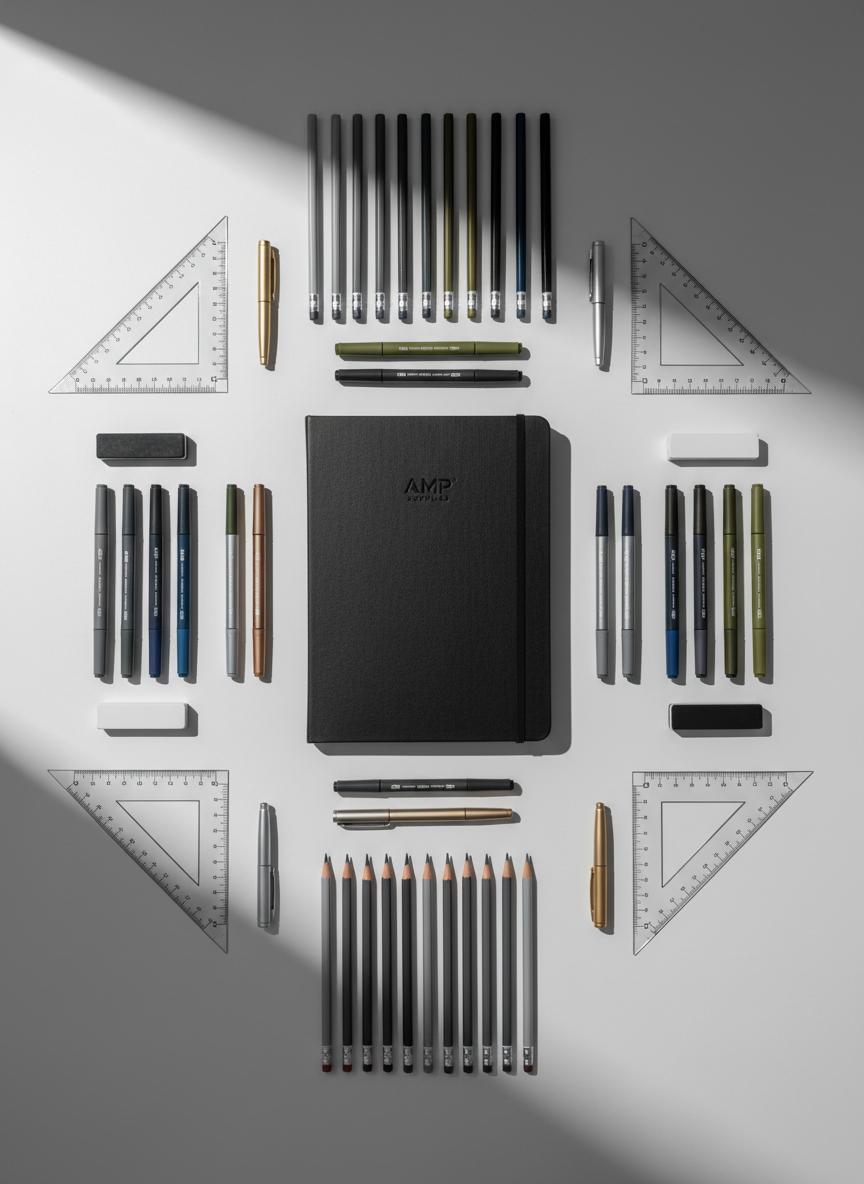 A meticulously organized flat lay of premium art supplies arranged on a smooth, light gray studio table. Centered is a sleek, matte-black AMP Supplies–branded sketchbook with a subtle embossed logo, surrounded by neatly aligned graphite pencils, dual-tip markers, metallic gel pens, and precision erasers. Each item has clean, geometric spacing, with rulers and acrylic triangles forming a structured grid. Soft, diffused daylight from the left creates gentle, professional shadows and crisp highlights on metal clips and pencil ferrules. Photographic realism, eye-level overhead shot with sharp focus across the frame, balanced composition and neutral tones. The atmosphere is corporate, orderly, and efficient, conveying a reliable, professional art supply brand ready for serious creative work.