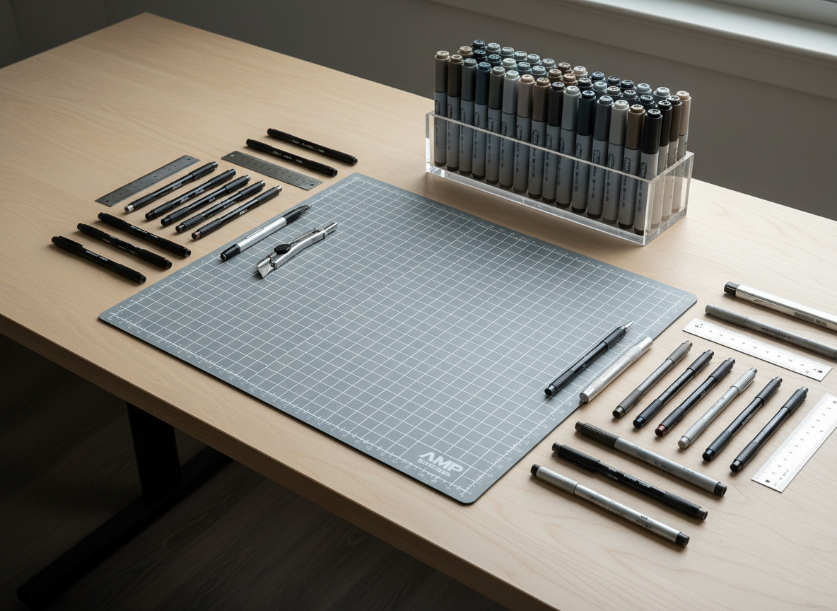 A clean drafting desk setup featuring a large, pale birch work surface with an AMP Supplies cutting mat precisely centered. Around it, a carefully arranged selection of technical pens, fine liners, metal rulers, and precision knives rests in parallel alignment, edges perfectly squared to the mat grid. A set of neutral-toned markers stands in a transparent acrylic holder at the back. Cool, diffused daylight from a large unseen window to the right casts subtle, linear shadows that emphasize the tools’ geometry. Photographic realism, slightly elevated three-quarter angle, sharp focus throughout, with negative space on the left for potential text overlay. The mood is analytical, focused, and highly professional, ideal for presenting technical illustration and design tools.
