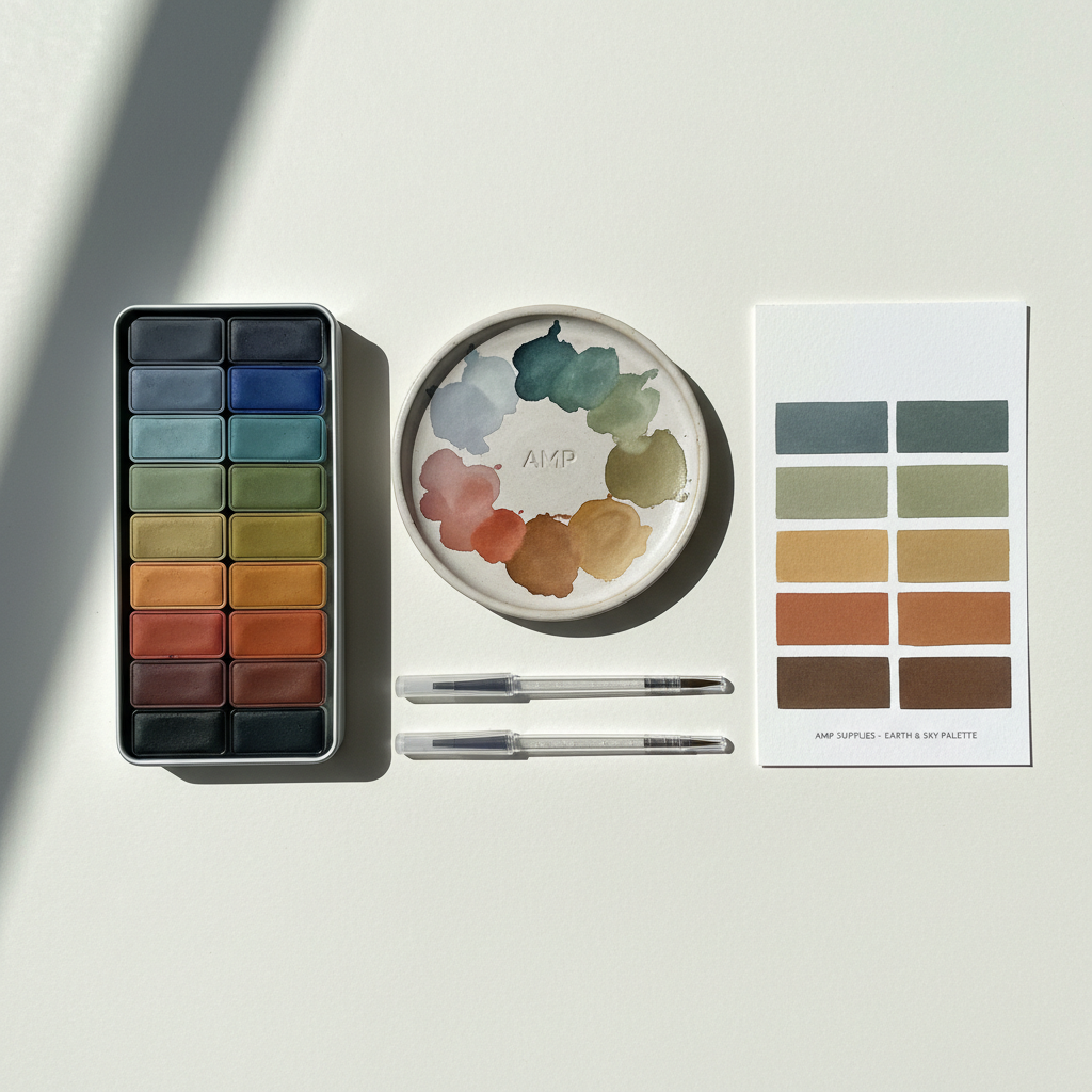 An elegant tabletop arrangement showcasing a curated AMP Supplies color story: neatly ordered pan watercolors in cool neutrals and muted earth tones, accompanied by a single AMP-branded ceramic mixing palette and two pristine waterbrushes. The items rest on a smooth, off-white surface beside a carefully placed swatch card displaying perfectly painted gradient rectangles. Soft, overcast natural light from a nearby window creates delicate reflections on the ceramic and faint shadows at the edges of each object. Photographic realism, shot from a slightly elevated angle using the rule of thirds, with ample negative space on one side. The atmosphere is serene, meticulous, and design-forward, reinforcing a professional, minimalist brand identity for high-end art supplies.