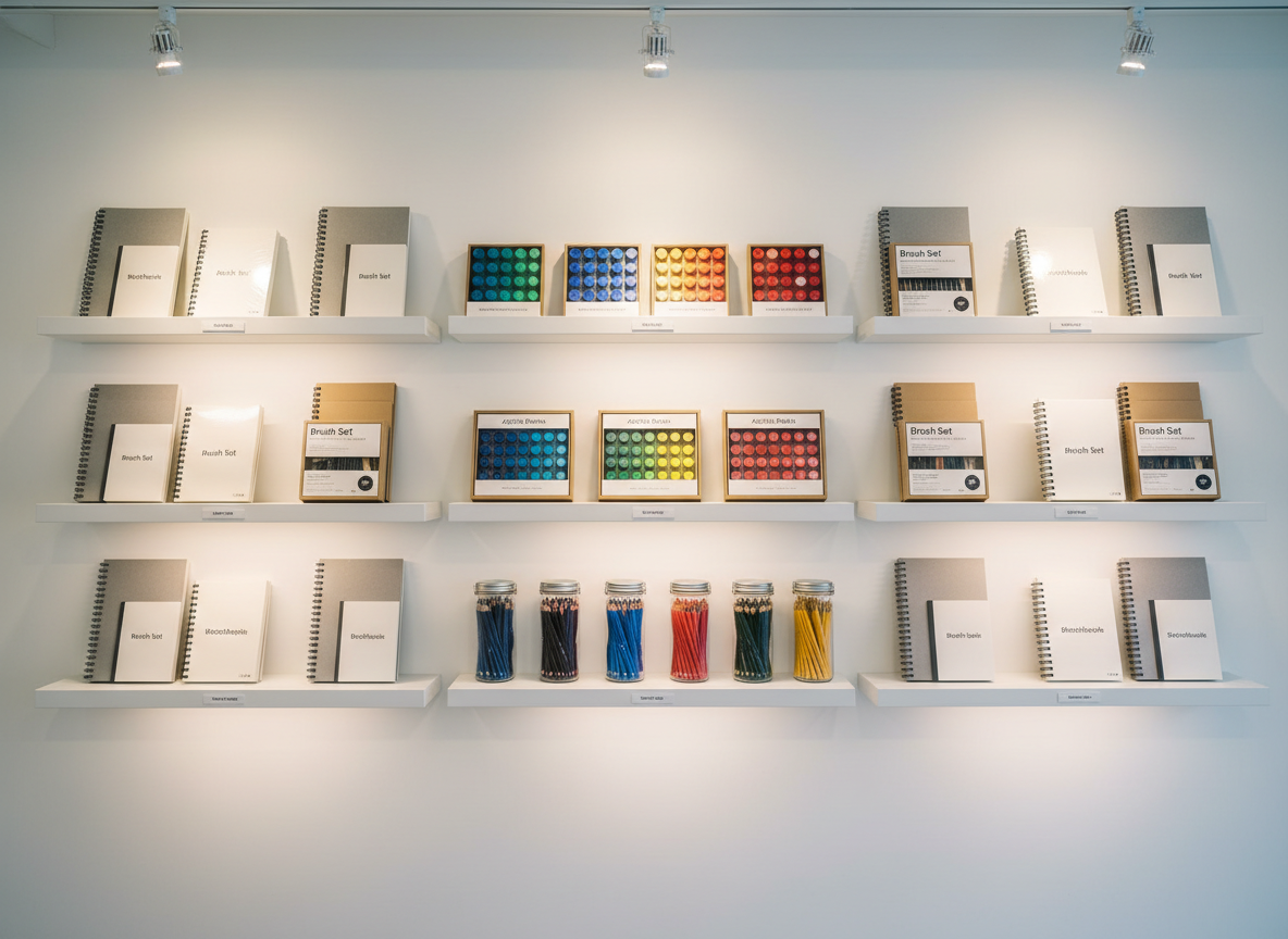 A minimalist, modern shelving wall in a professional studio displaying AMP Supplies art materials, each product type grouped in precise, symmetrical rows. Matte white shelves hold uniform stacks of sketchbooks, neatly boxed brush sets, curated color palettes of acrylics, and glass jars filled with sorted pencils, all labeled with understated branding. The background is a smooth, warm-white wall, free of clutter. Cool, even studio lighting from above and subtle accent lighting from below the shelves create controlled reflections on packaging and a soft gradient on the wall. Photographic realism, straight-on eye-level composition with strong horizontal lines and a balanced, corporate aesthetic. The mood is calm, orderly, and trustworthy, emphasizing product range and professional organization.