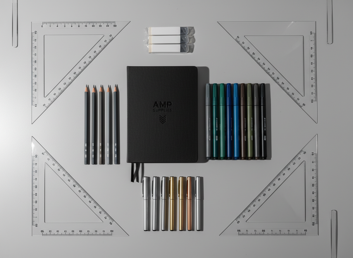 A meticulously organized flat lay of premium art supplies arranged on a smooth, light gray studio table. Centered is a sleek, matte-black AMP Supplies–branded sketchbook with a subtle embossed logo, surrounded by neatly aligned graphite pencils, dual-tip markers, metallic gel pens, and precision erasers. Each item has clean, geometric spacing, with rulers and acrylic triangles forming a structured grid. Soft, diffused daylight from the left creates gentle, professional shadows and crisp highlights on metal clips and pencil ferrules. Photographic realism, eye-level overhead shot with sharp focus across the frame, balanced composition and neutral tones. The atmosphere is corporate, orderly, and efficient, conveying a reliable, professional art supply brand ready for serious creative work.